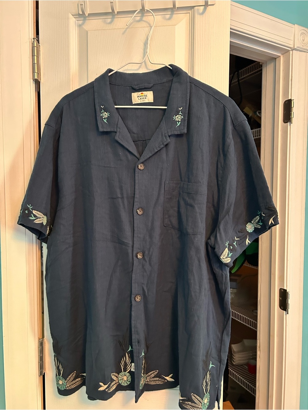 Marine Layer Navy Short-Sleeve Camp Collar Shirt with Teal Floral Embroidery